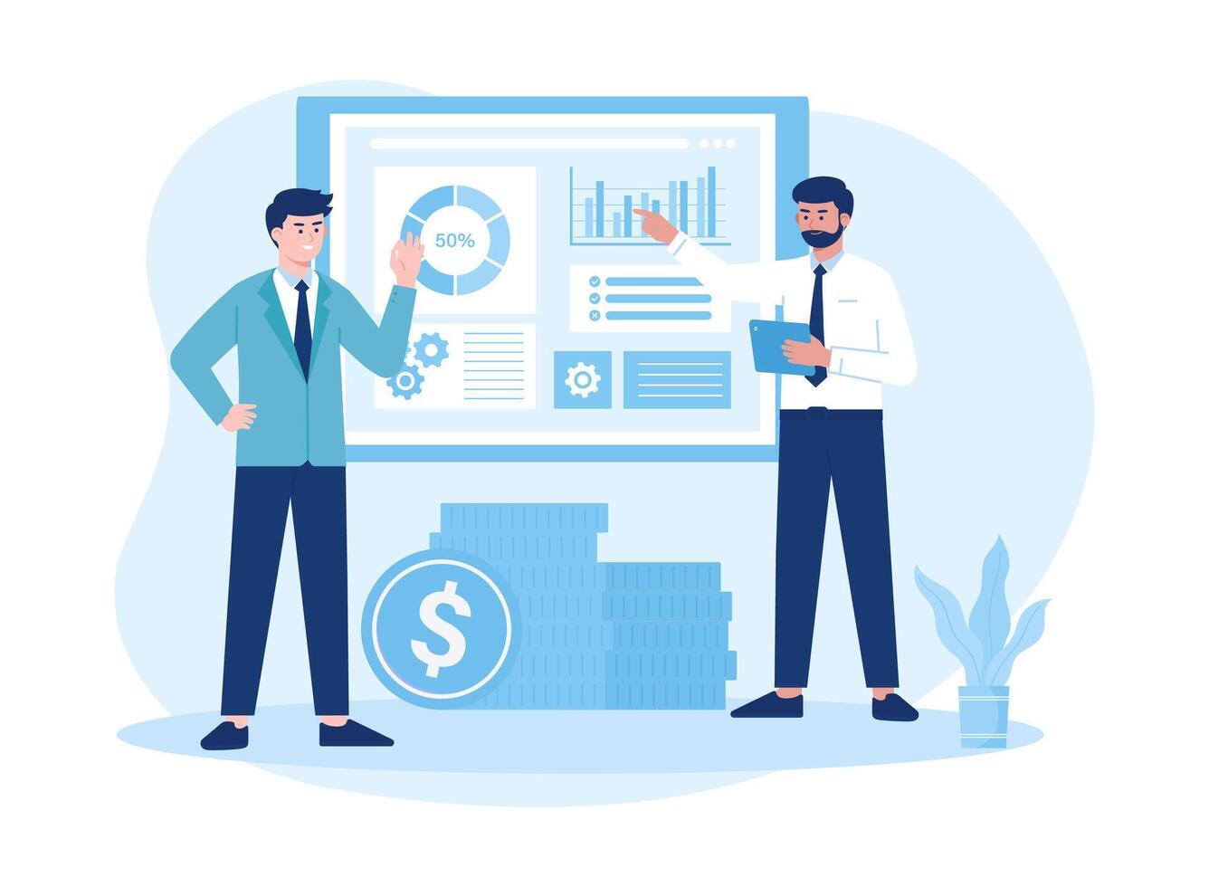 men present analysis data to colleagues concept flat illustration vector