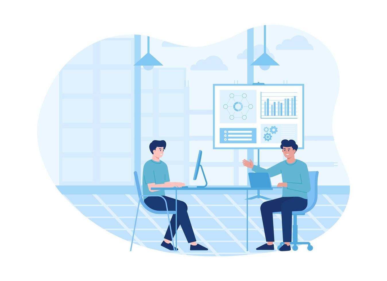 two men discussing, analyzing a graph of growth data concept flat illustration vector
