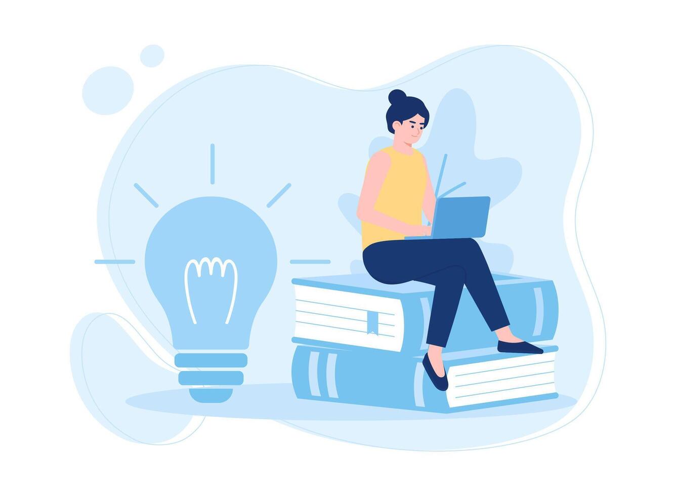 woman doing homework, sitting on a stack of books concept flat illustration vector