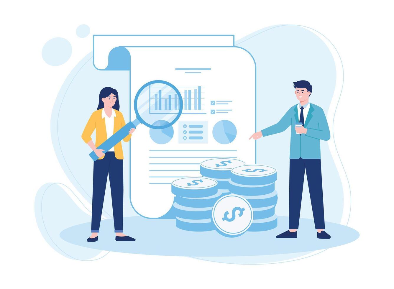 business woman and business man analyzing diagram document concept flat illustration vector