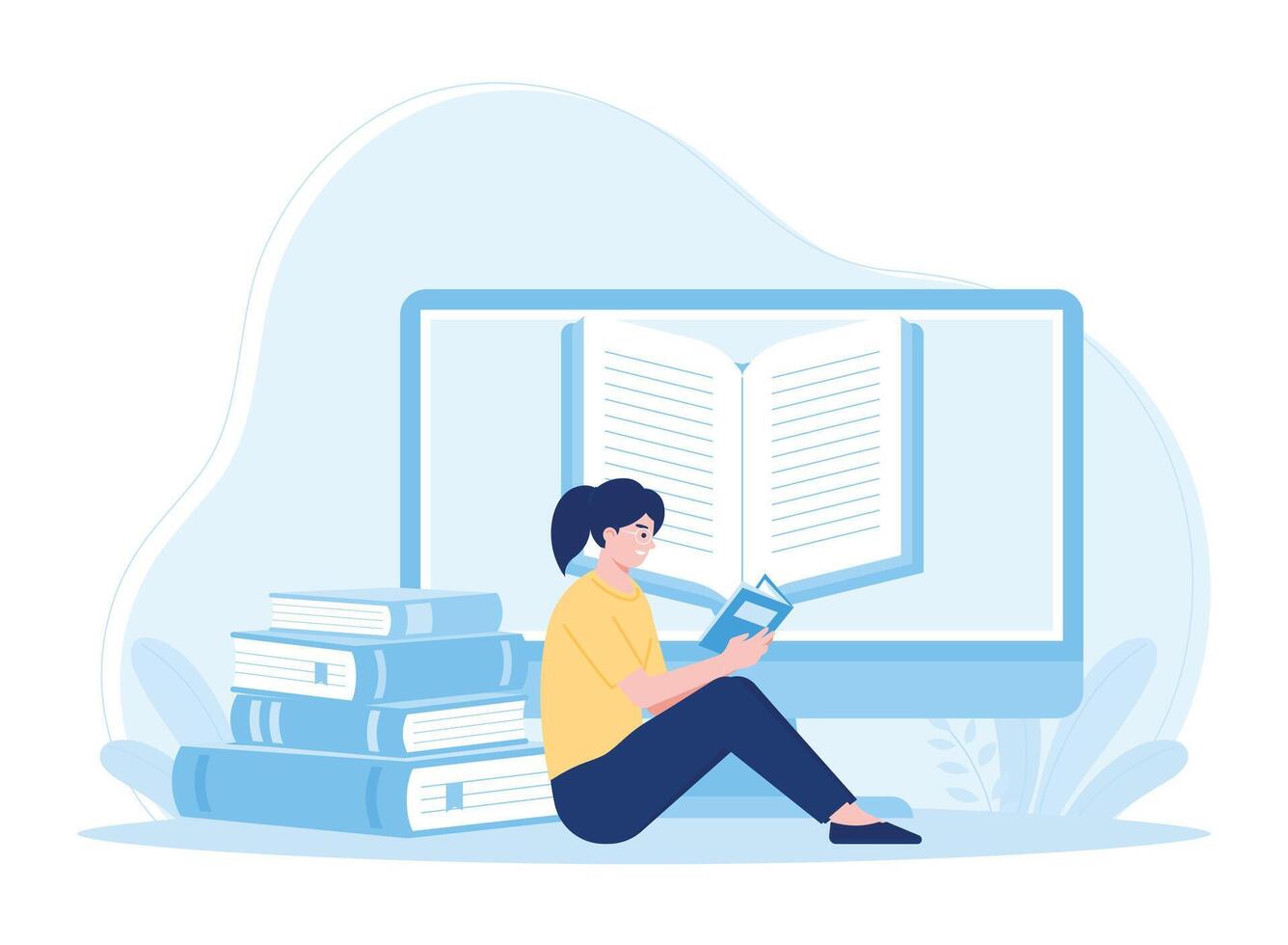 woman reading book onlie concept online library concept flat illustration vector