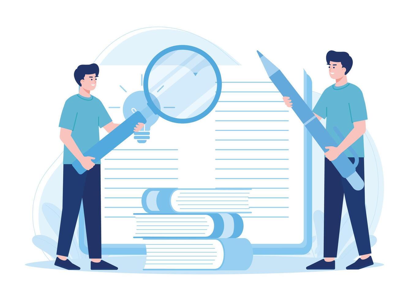 characters with huge magnifying glass and  pencil edit and correct mistakes in book concept flat illustration vector