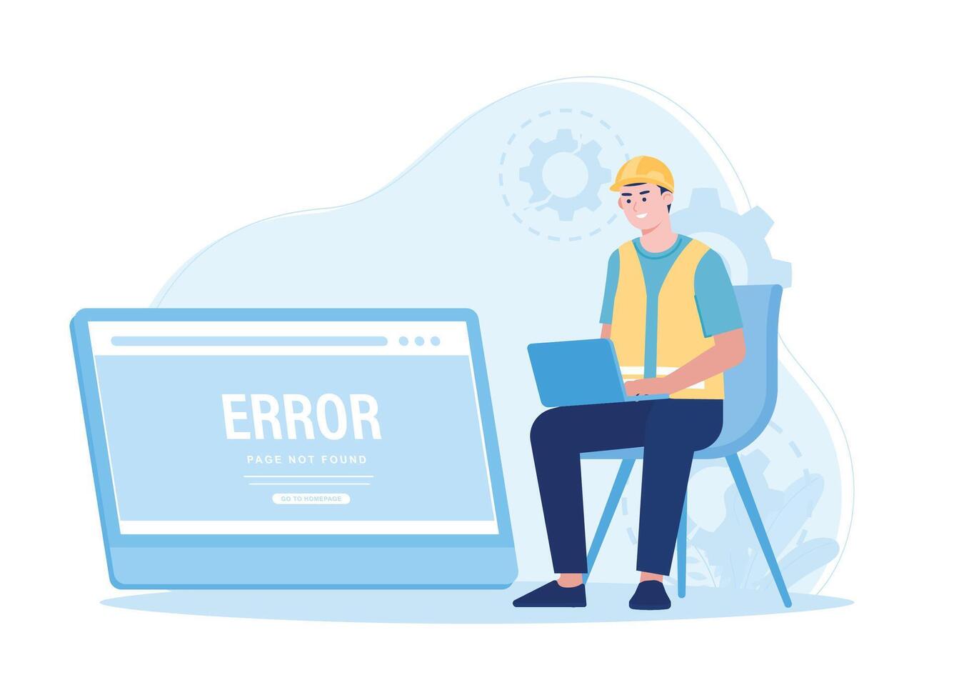 working with a laptop to fix errors on website pages concept flat illustration vector