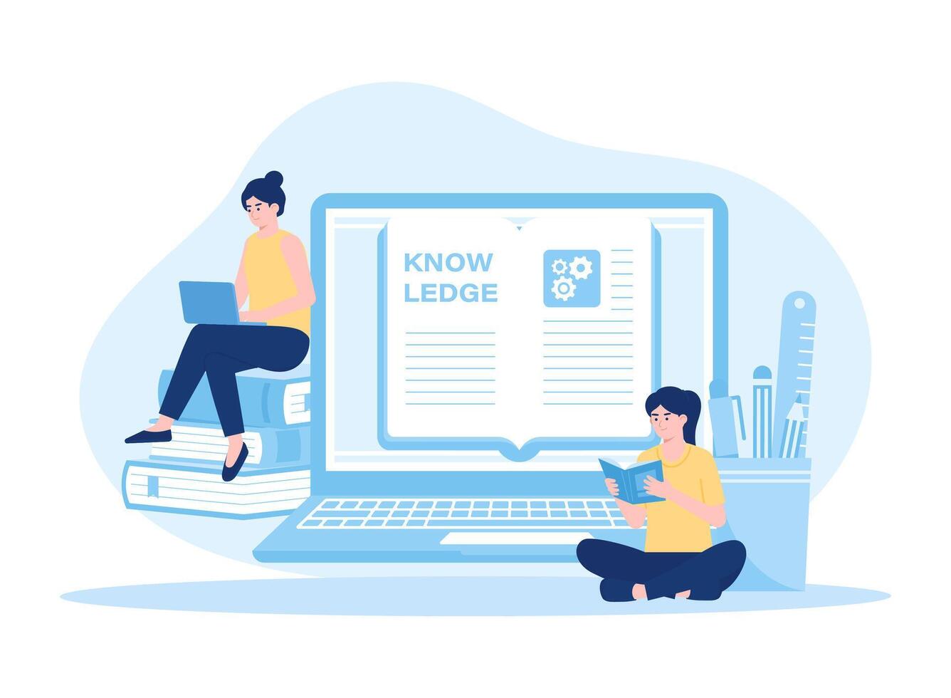 Woman studying using laptop with books concept flat illustration vector