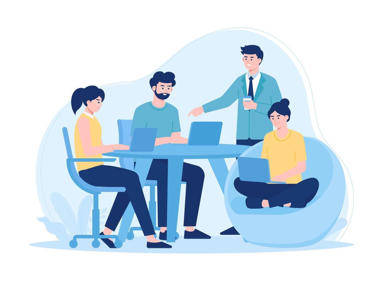 Employees exchange ideas with laptops concept flat illustration vector