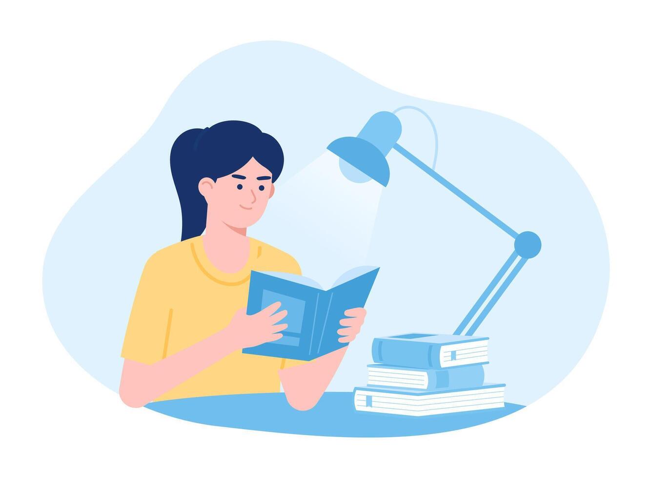 un mujer leyendo con un apilar de libros y un estudiar lámpara concepto plano ilustración vector