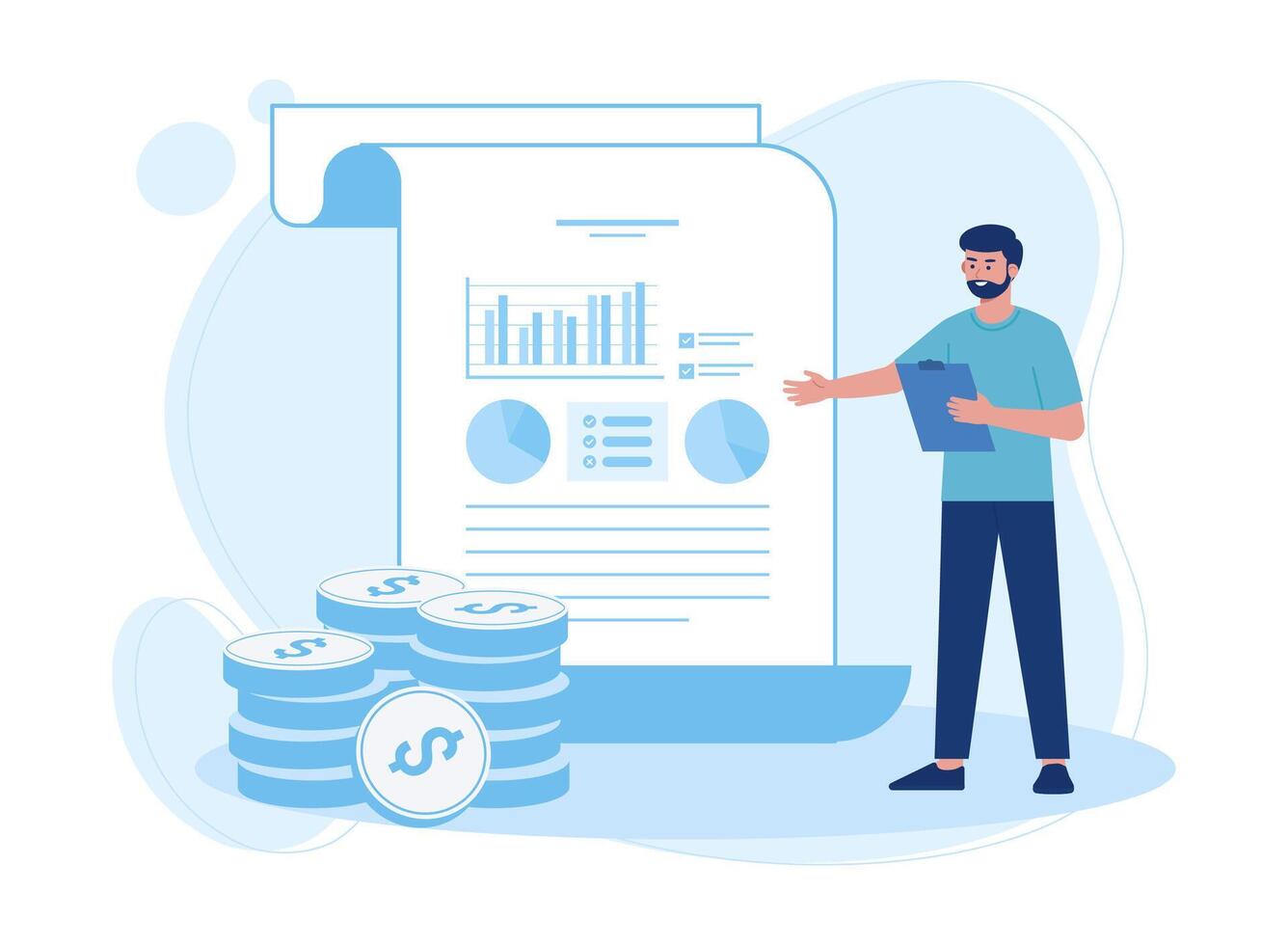 un hombre análisis crecimiento gráficos, diagramas y monedas concepto plano ilustración vector