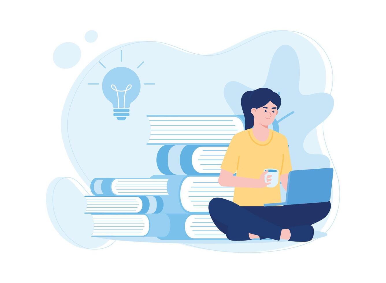 woman sitting in front of laptop and reading online book online education concept flat illustration vector