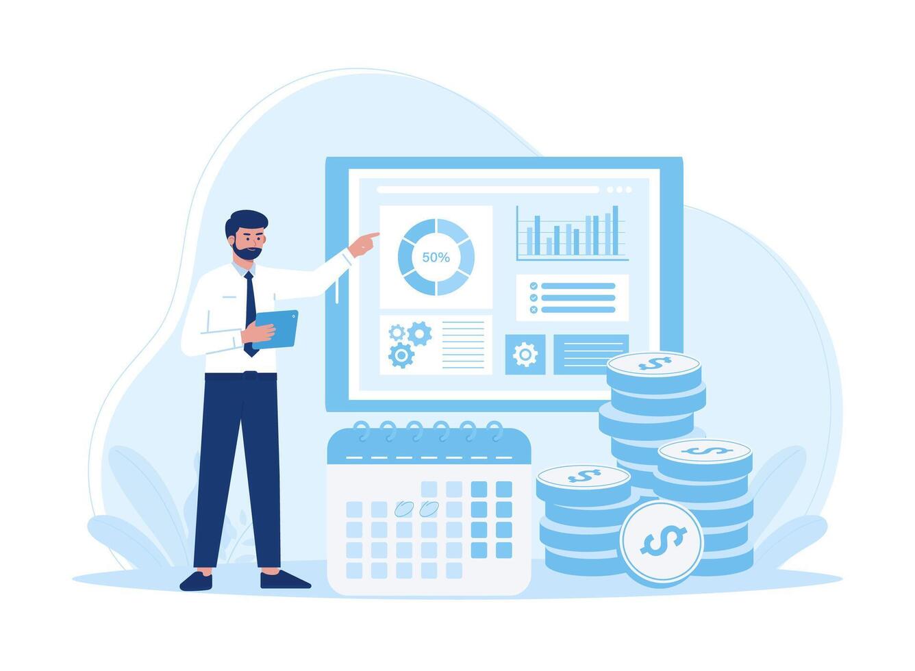 men present on analyzing growth data on tablets concept flat illustration vector