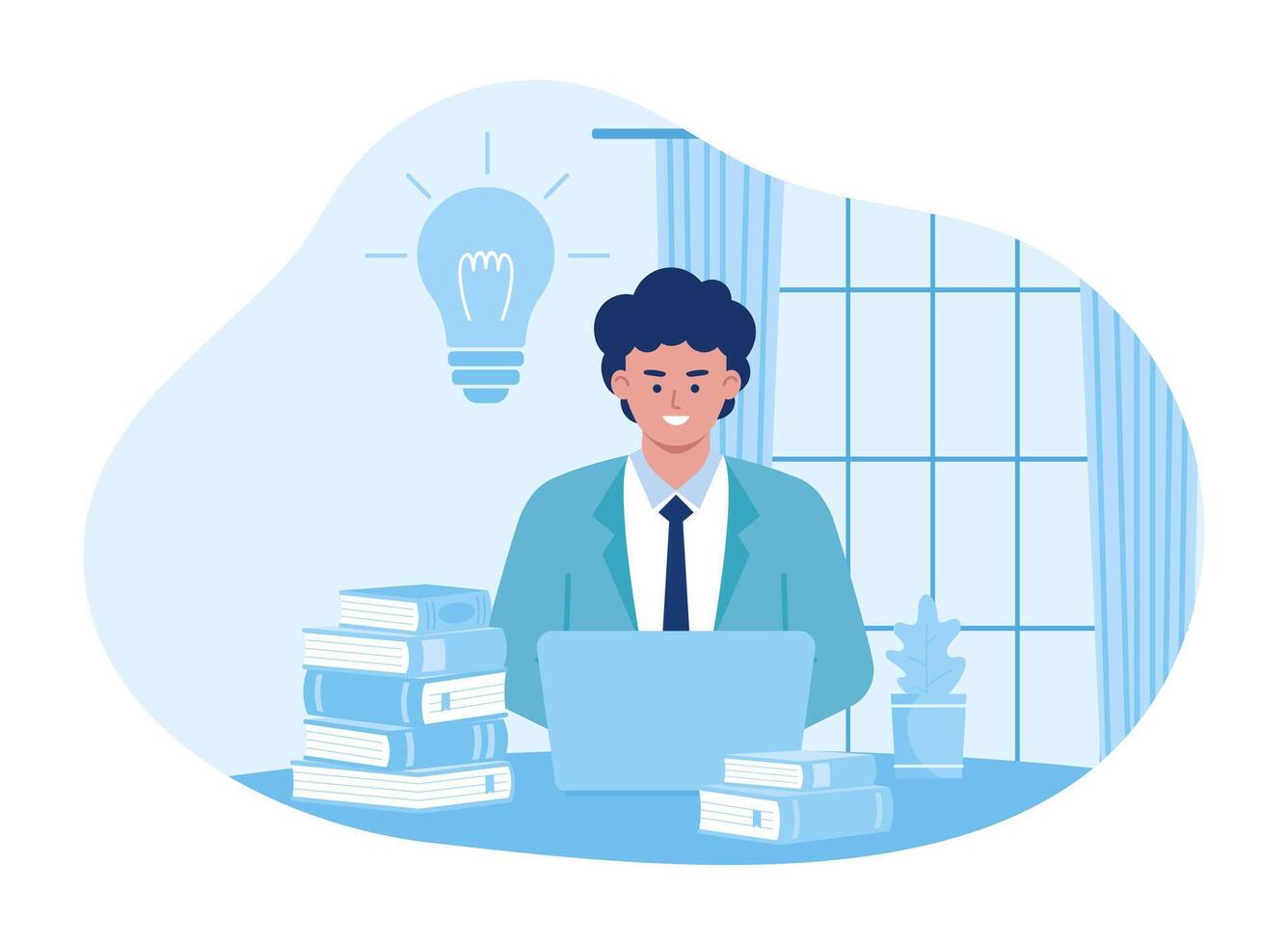 A person studying with a laptop and a stack of books concept flat illustration vector