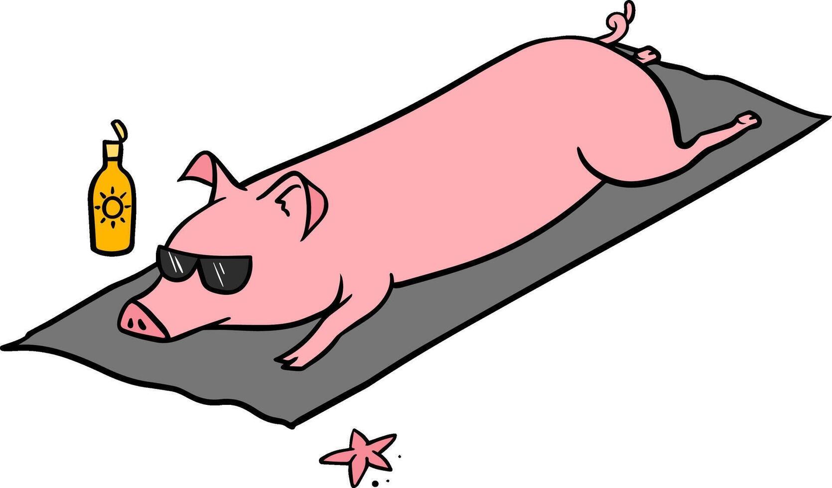 cerdo tendido a el playa mano dibujado color vector ilustración