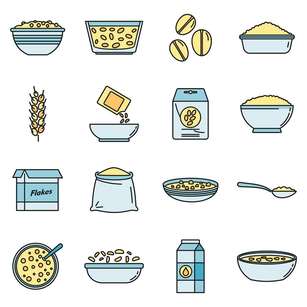 Breakfast cereal flakes icons set vector color line