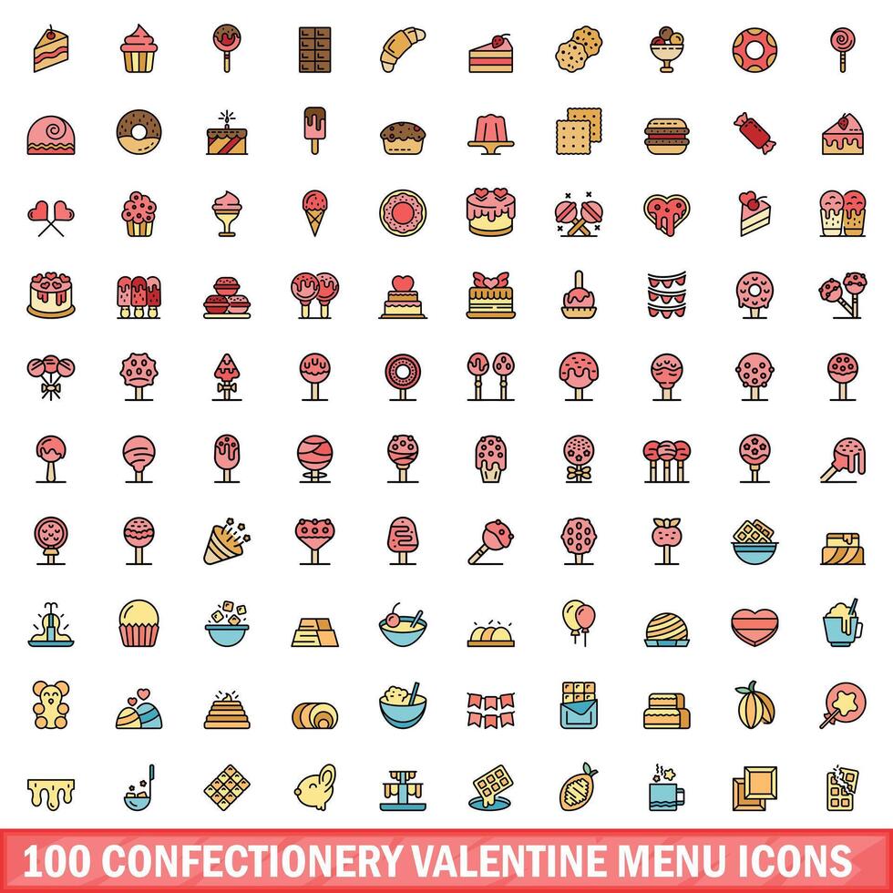 100 confitería enamorado menú íconos colocar, color línea estilo vector