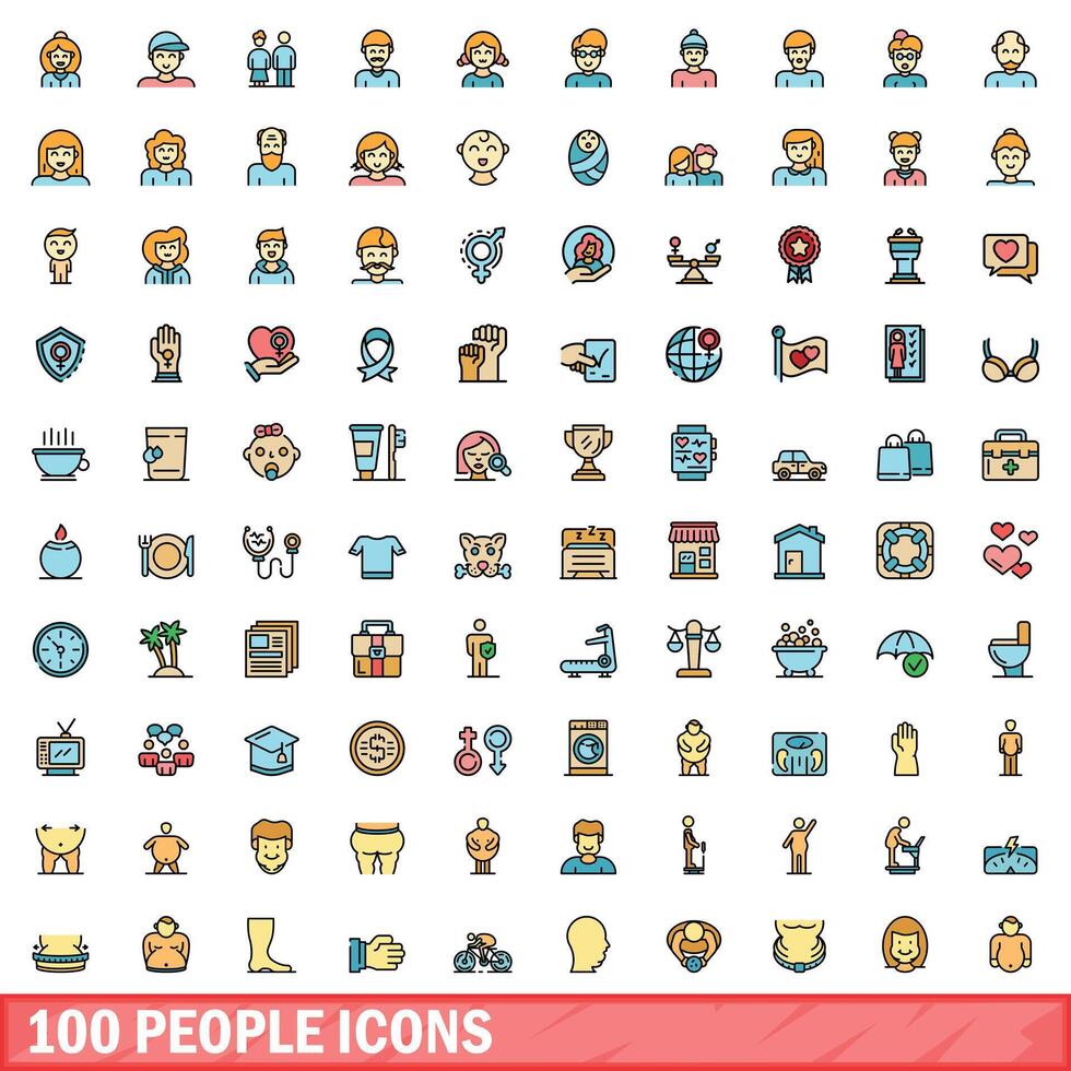100 people icons set, color line style vector