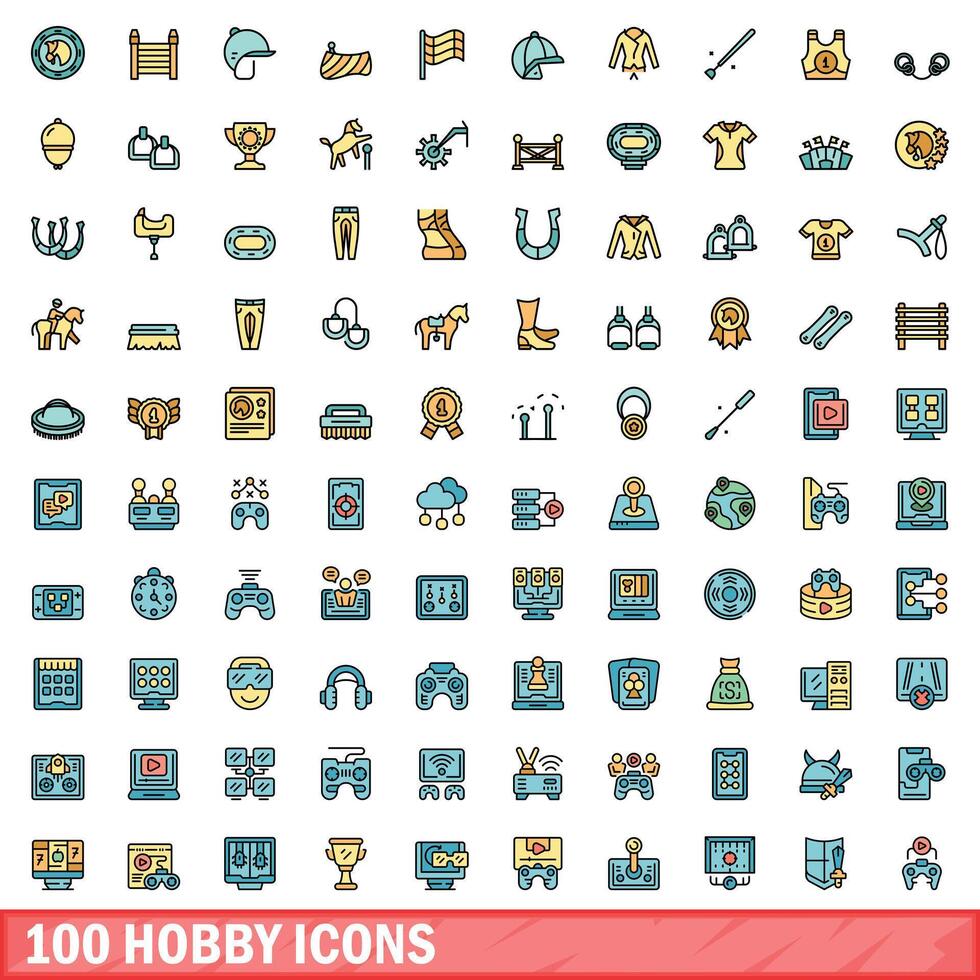 100 hobby icons set, color line style vector