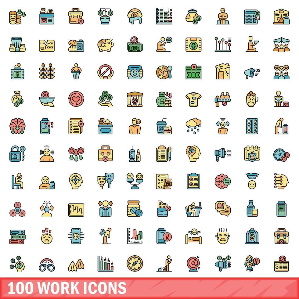 100 work icons set, color line style vector