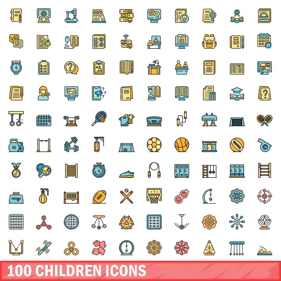 100 children icons set, color line style vector