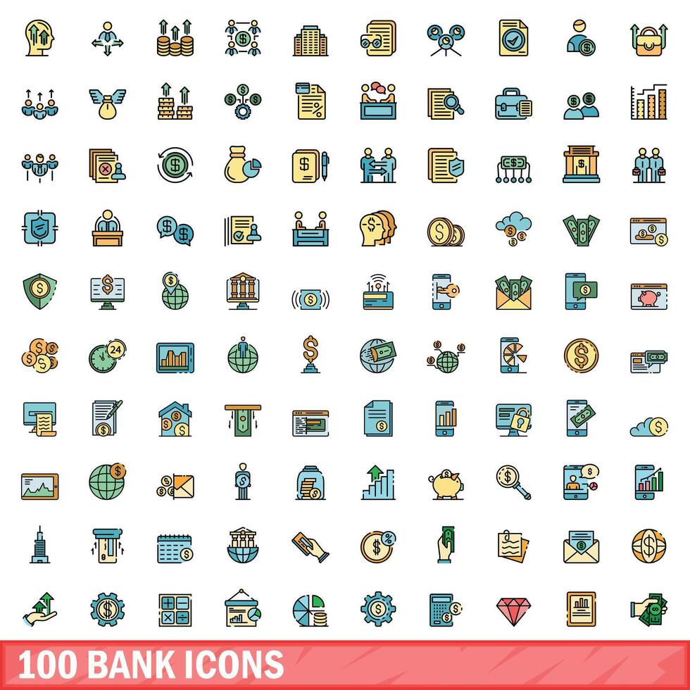 100 bank icons set, color line style vector