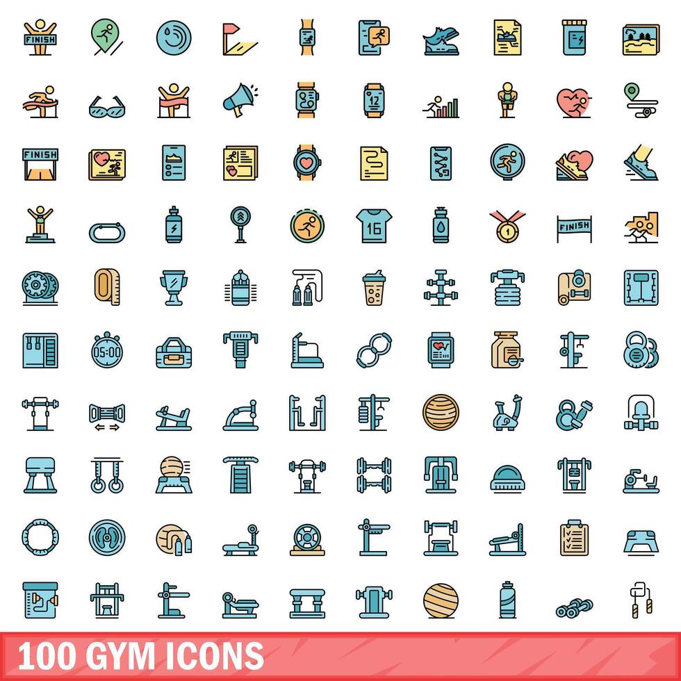 100 gym icons set, color line style vector