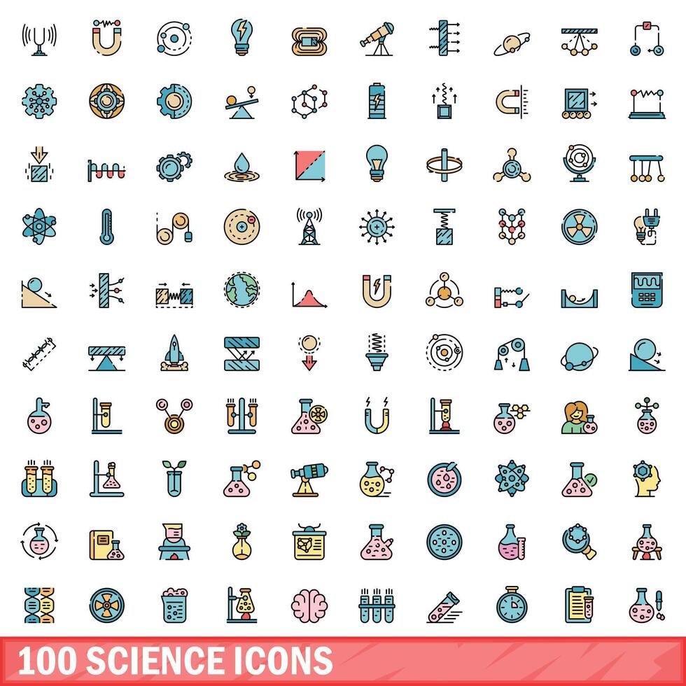 100 science icons set, color line style vector