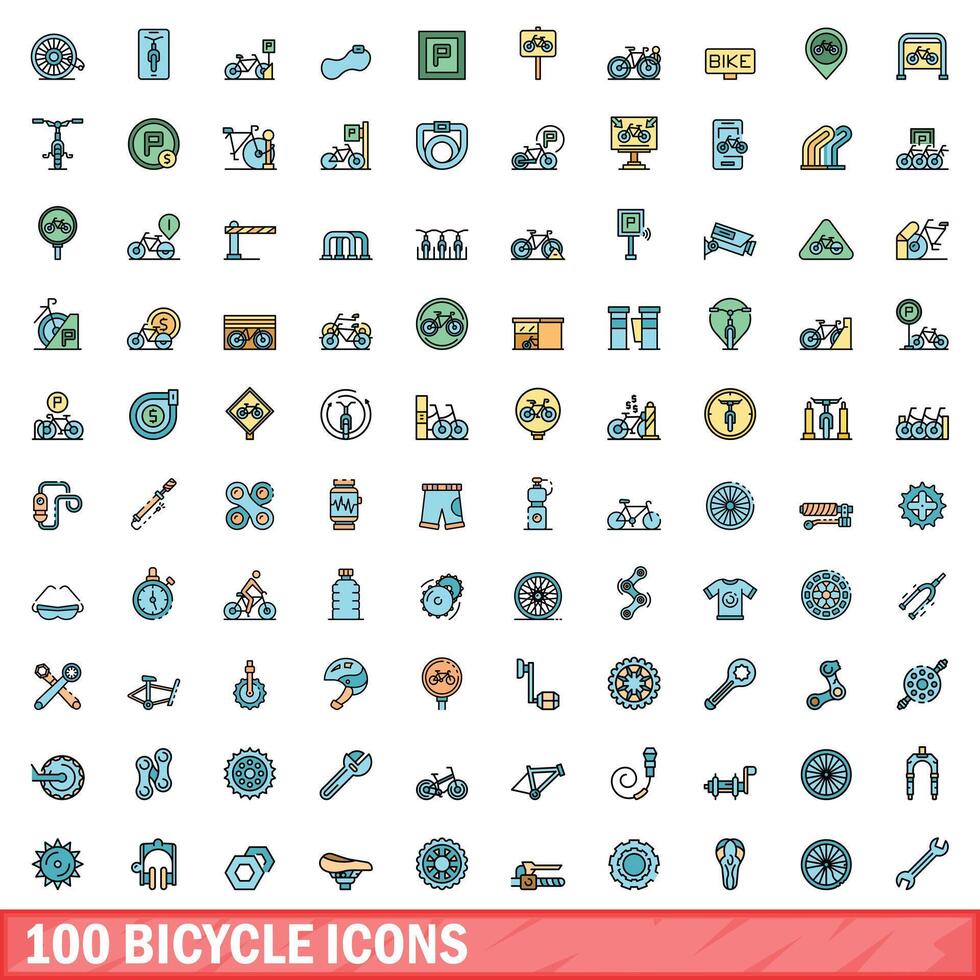 100 bicycle icons set, color line style vector