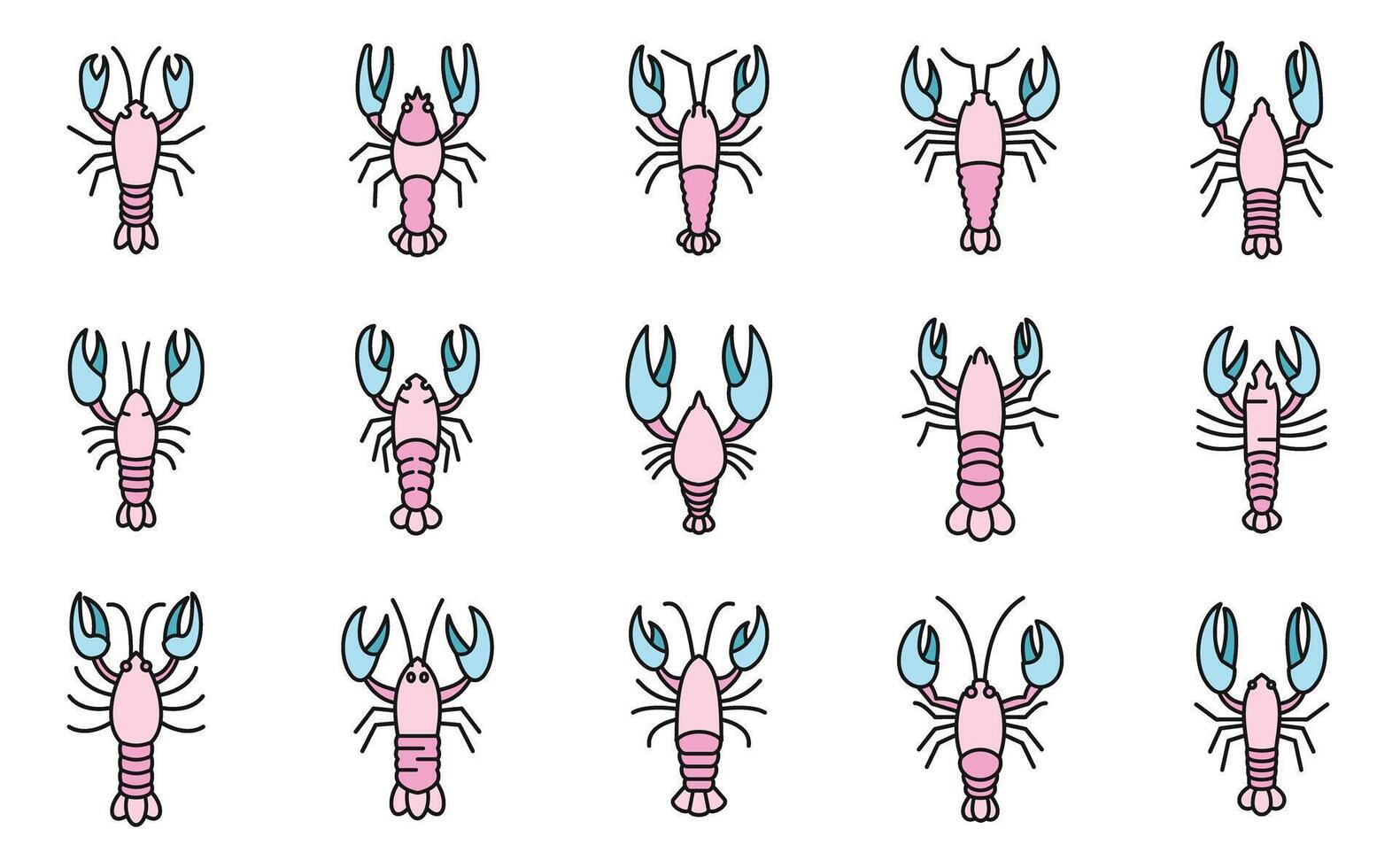 Marine lobster icons set vector color line