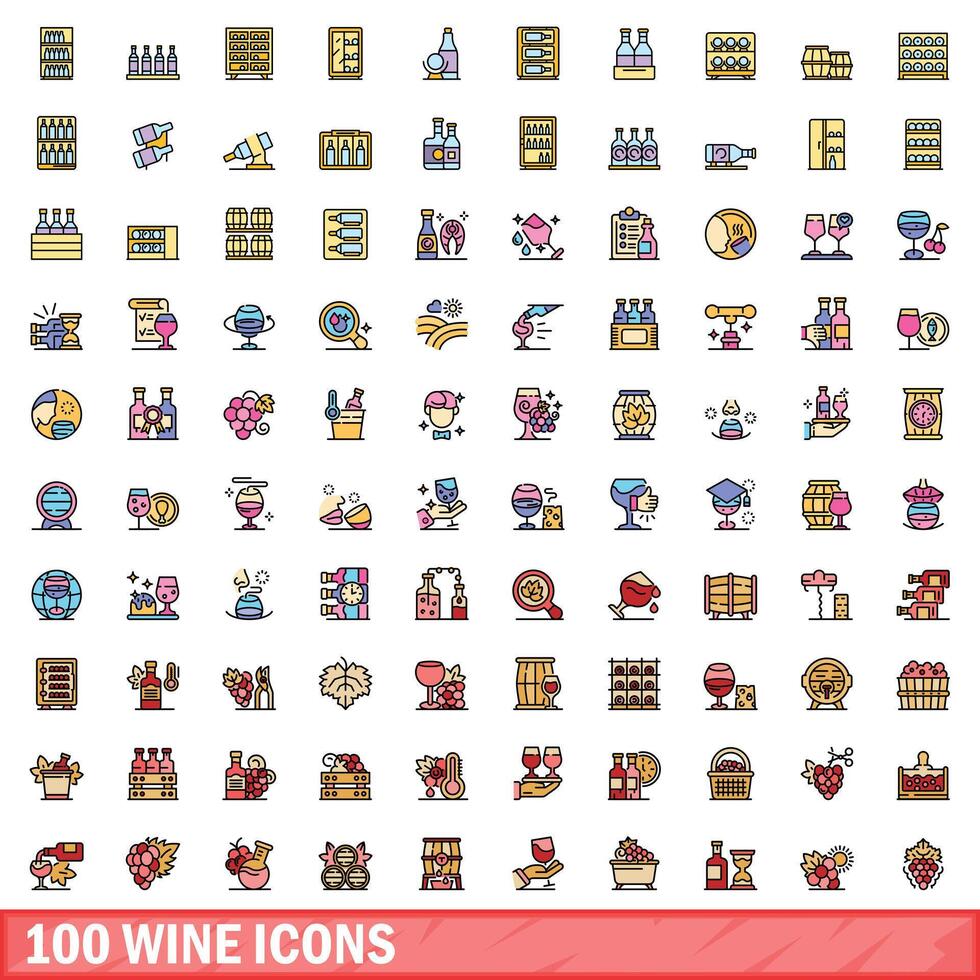 100 wine icons set, color line style vector