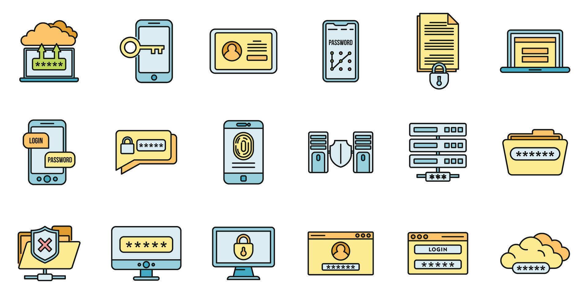 Online multi-factor authentication icons set vector color line