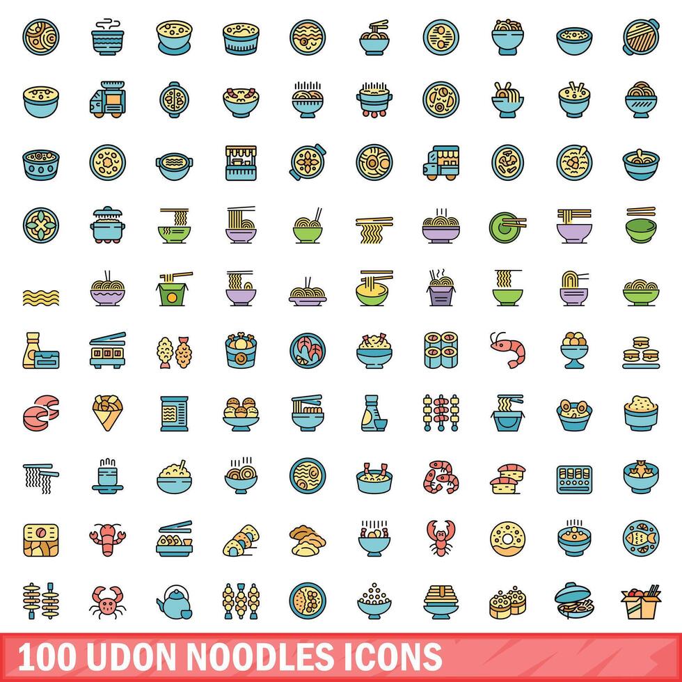 100 udon tallarines íconos colocar, color línea estilo vector