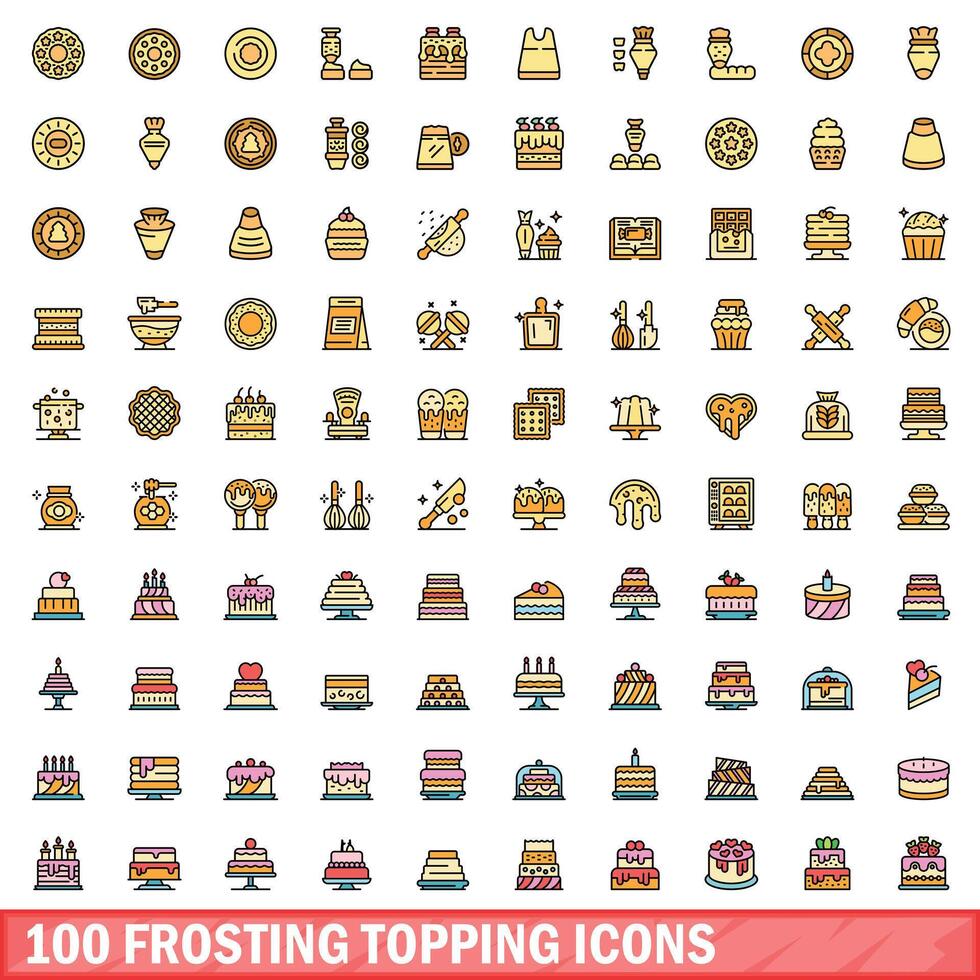 100 frosting topping icons set, color line style vector