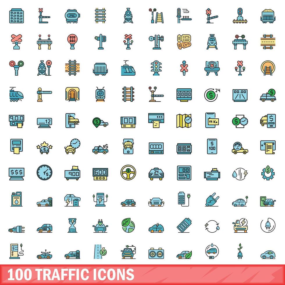 100 traffic icons set, color line style vector