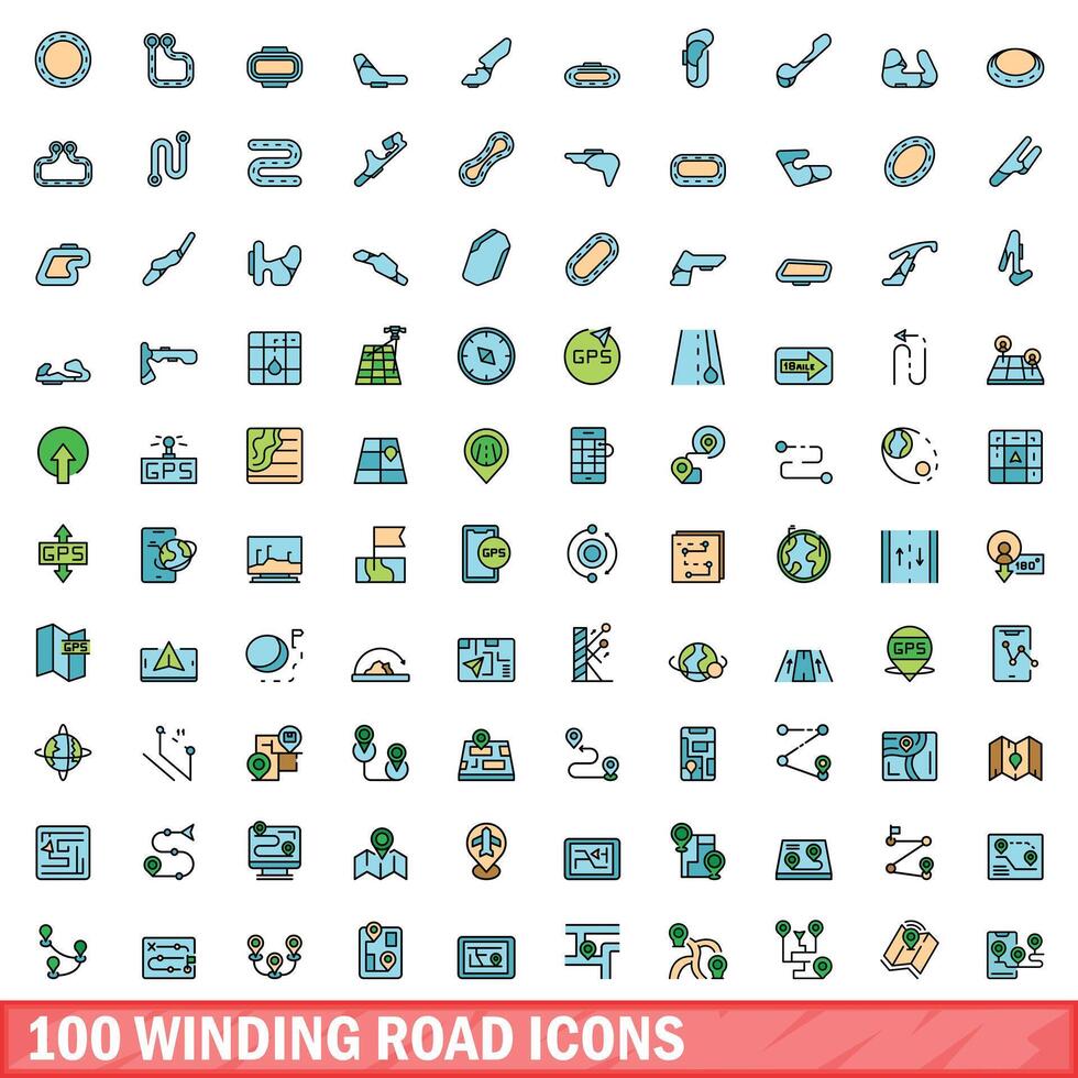 100 winding road icons set, color line style vector