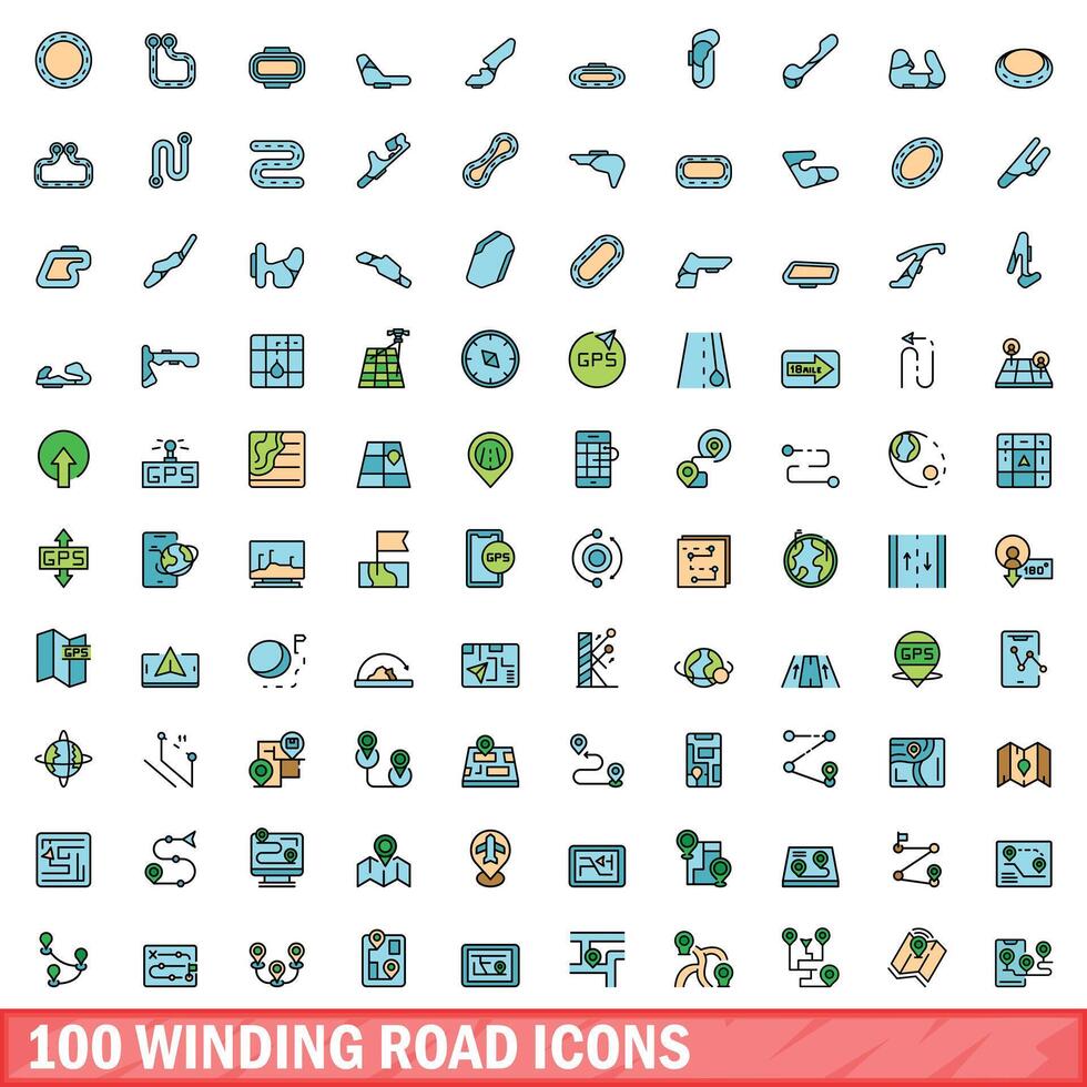 100 devanado la carretera íconos colocar, color línea estilo vector