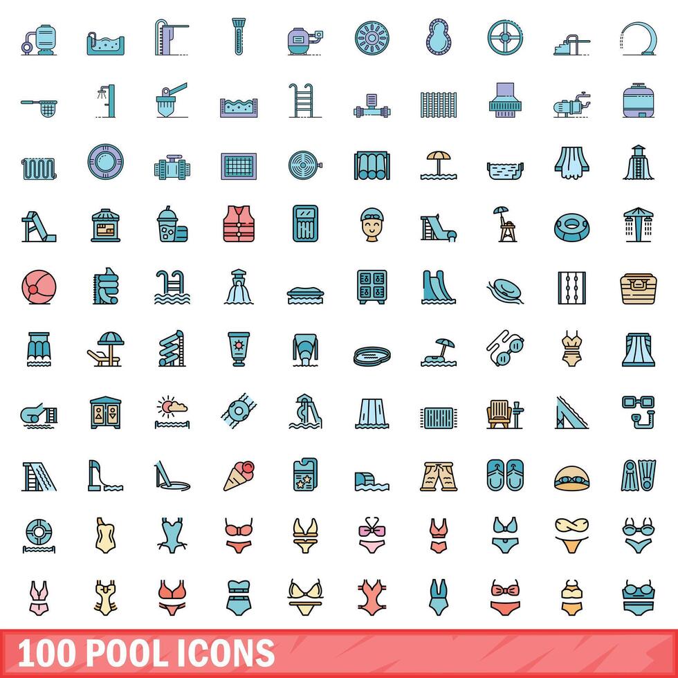 100 piscina íconos colocar, color línea estilo vector