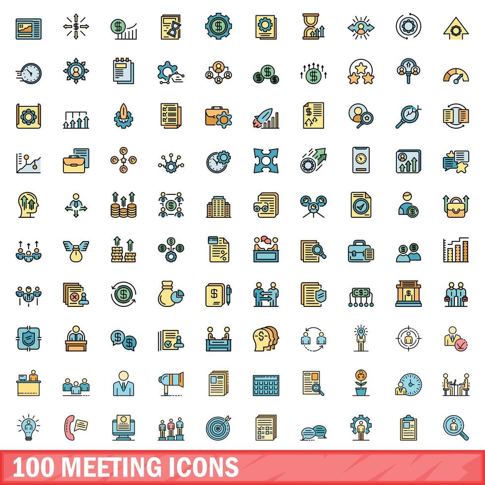 100 meeting icons set, color line style vector