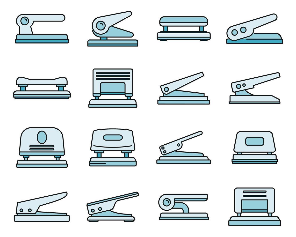 Hole puncher accessory icons set vector color line