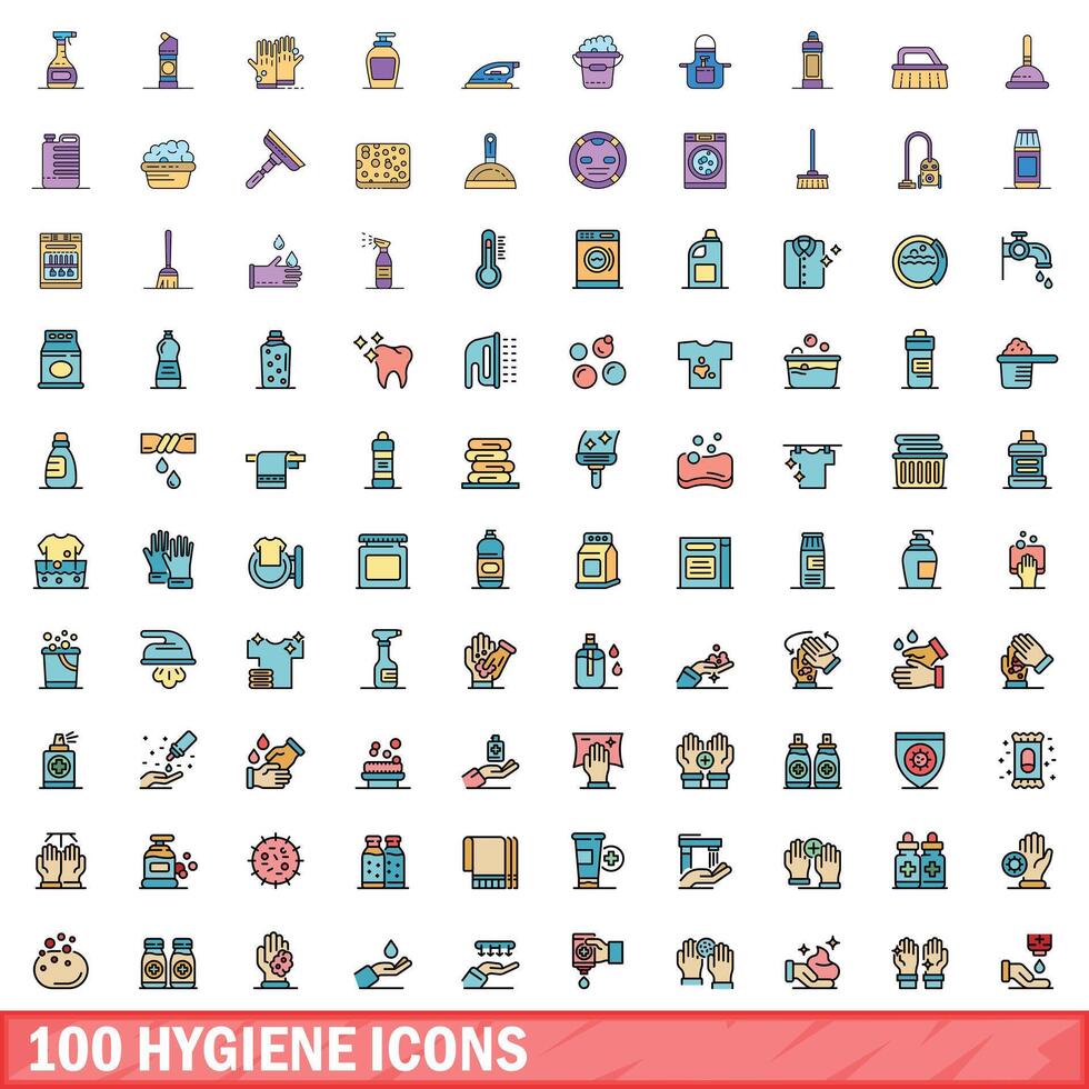 100 hygiene icons set, color line style vector