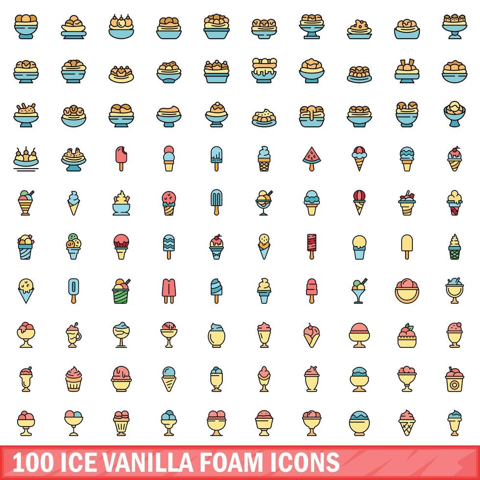 100 ice vanilla foam icons set, color line style vector