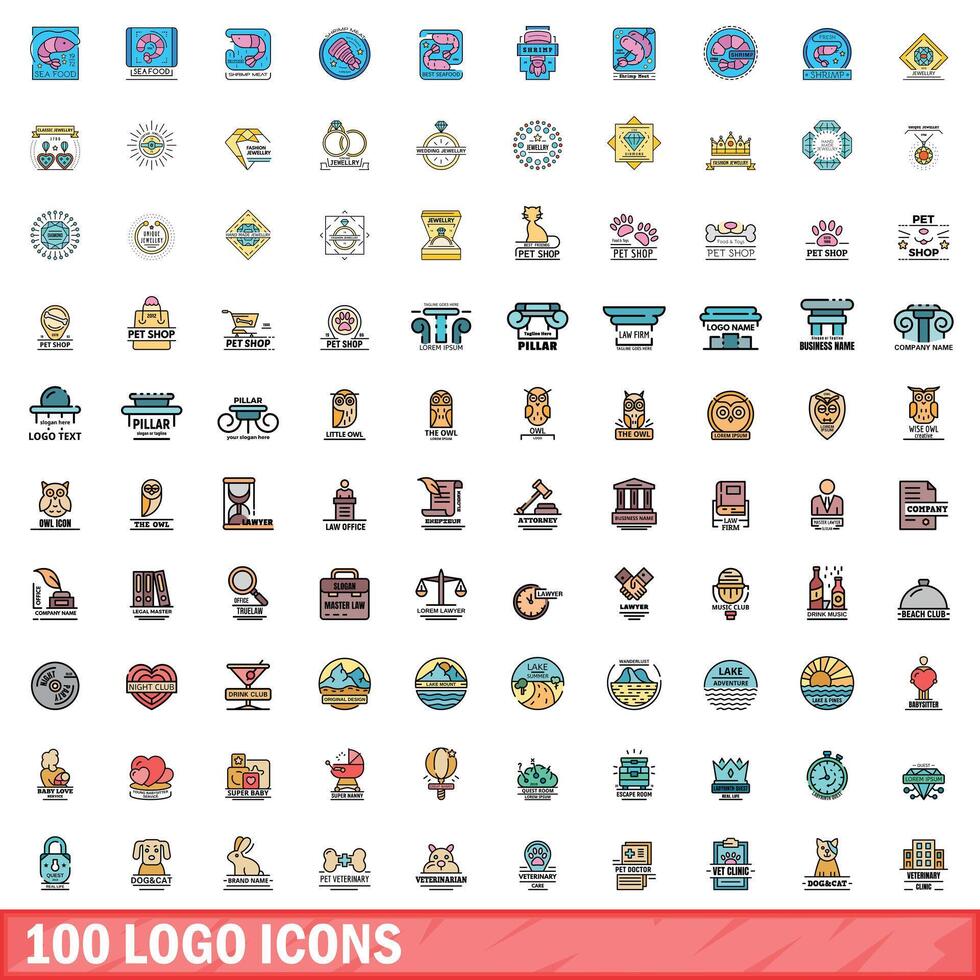 100 logo icons set, color line style vector