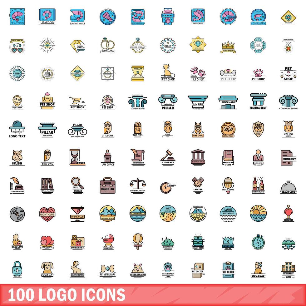 100 logo íconos colocar, color línea estilo vector