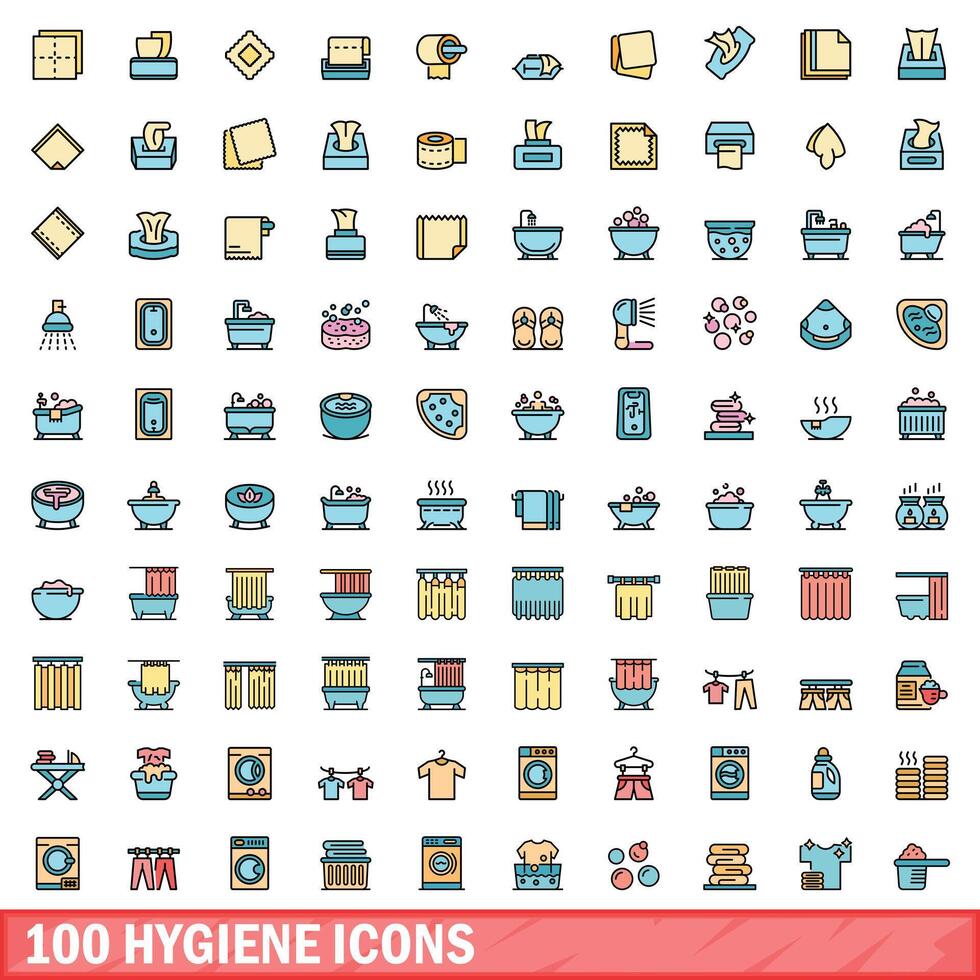 100 hygiene icons set, color line style vector