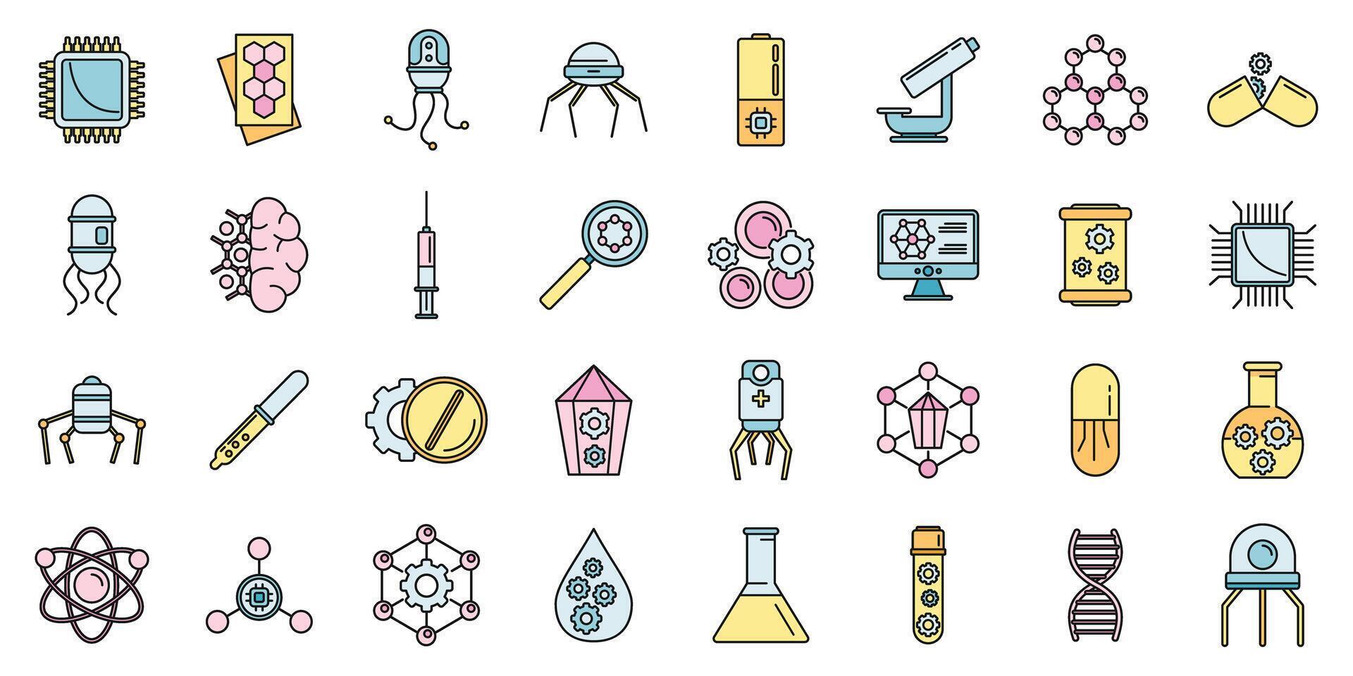 Nanotechnology science icons set vector color line