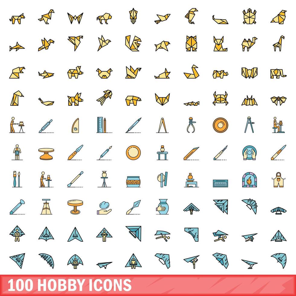 100 hobby icons set, color line style vector