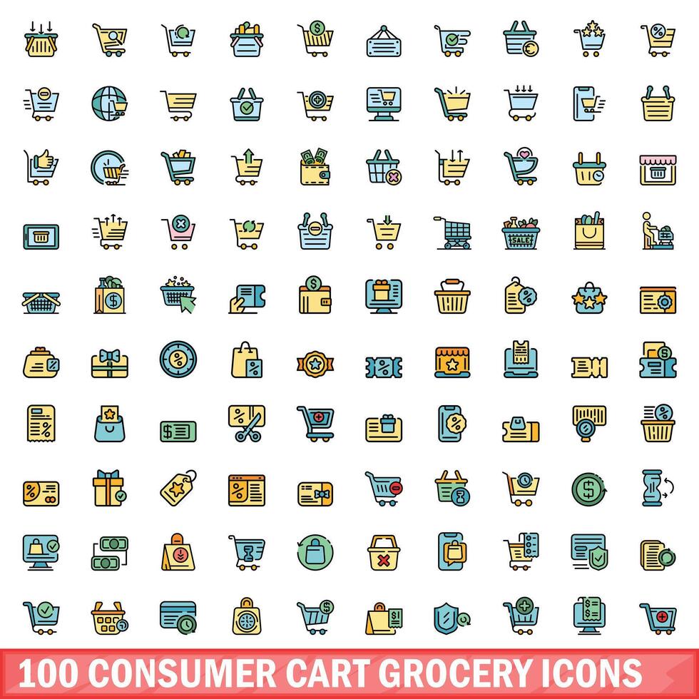 100 consumer cart grocery icons set, color line style vector