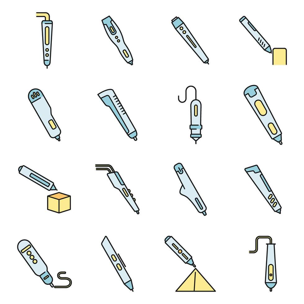 3d pen model icons set vector color line