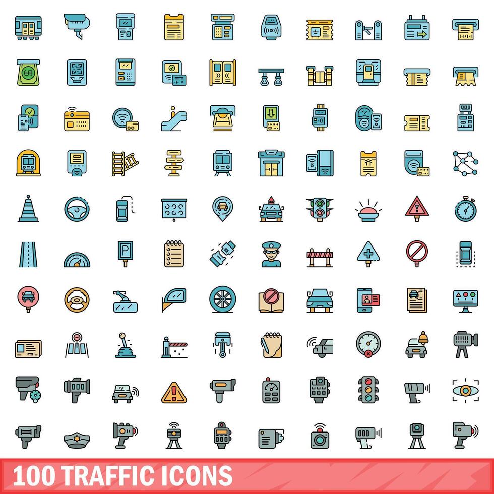 100 traffic icons set, color line style vector