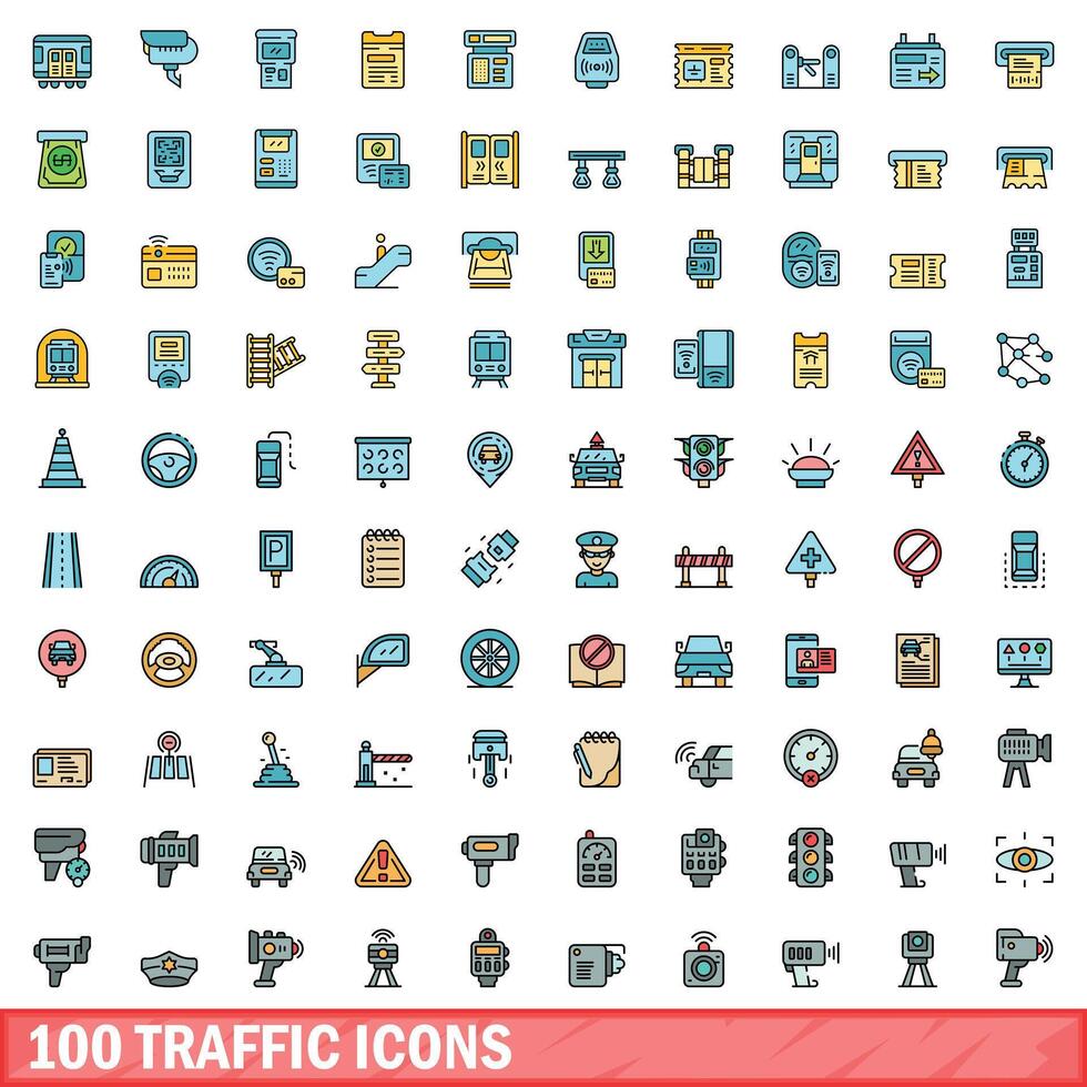 100 tráfico íconos colocar, color línea estilo vector