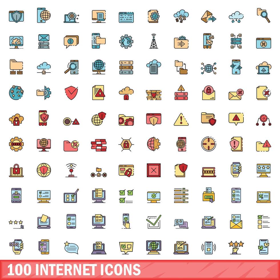 100 internet icons set, color line style vector