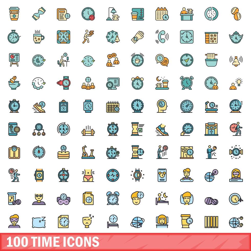 100 time icons set, color line style vector