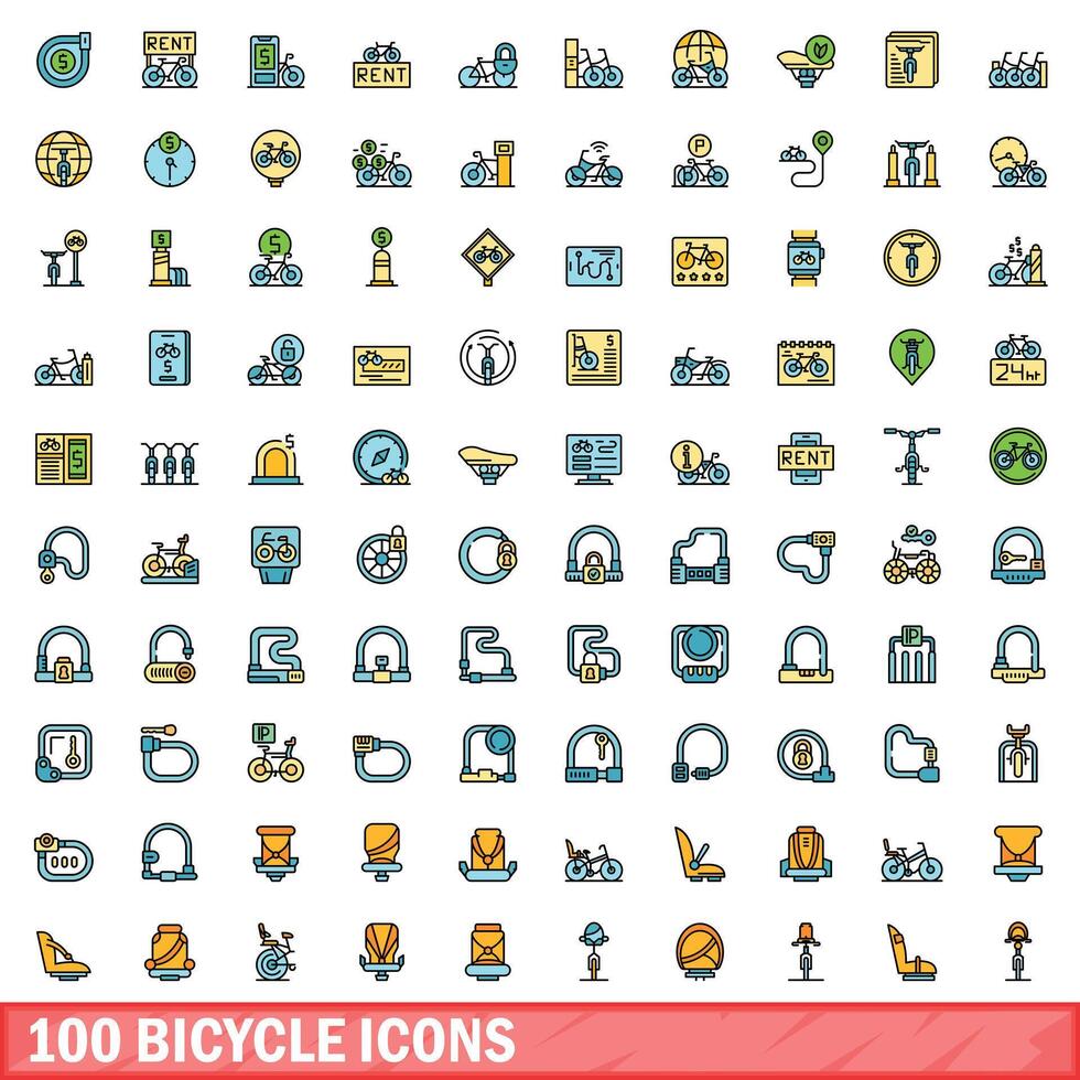100 bicycle icons set, color line style vector